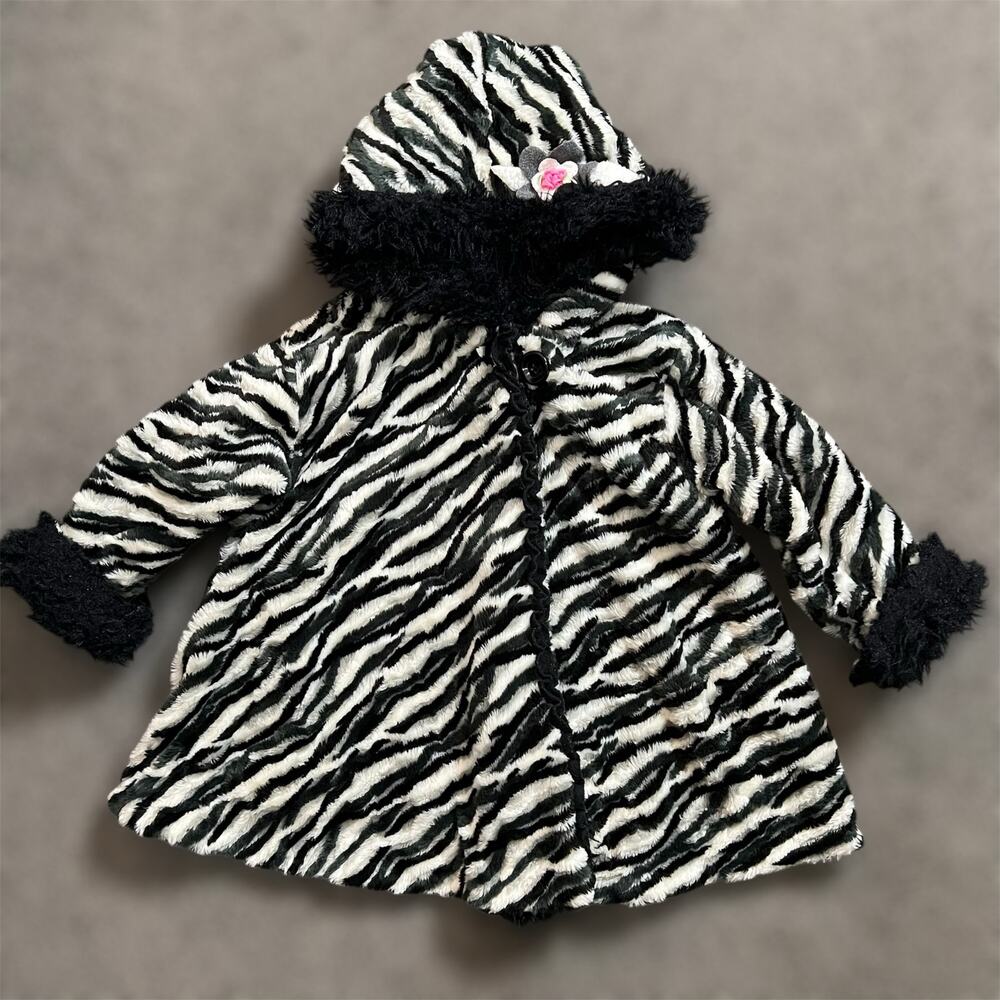 Vtg Corky & Company Coat 6 Girls Kids Zebra Animal Print Faux Fur Hooded Jacket